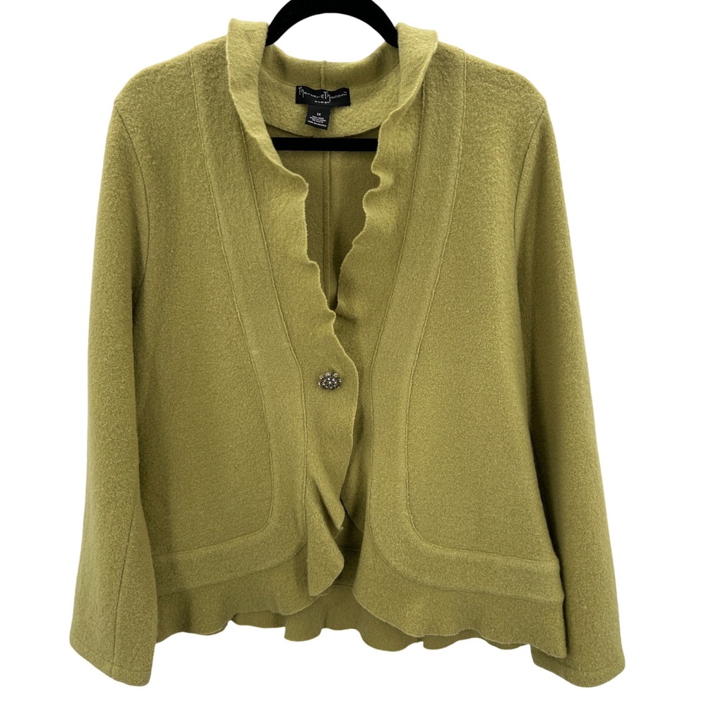 Mercer & Madison Citron Green Wool Ruffle Collar Button Front‎ Jacket Blazer 1X